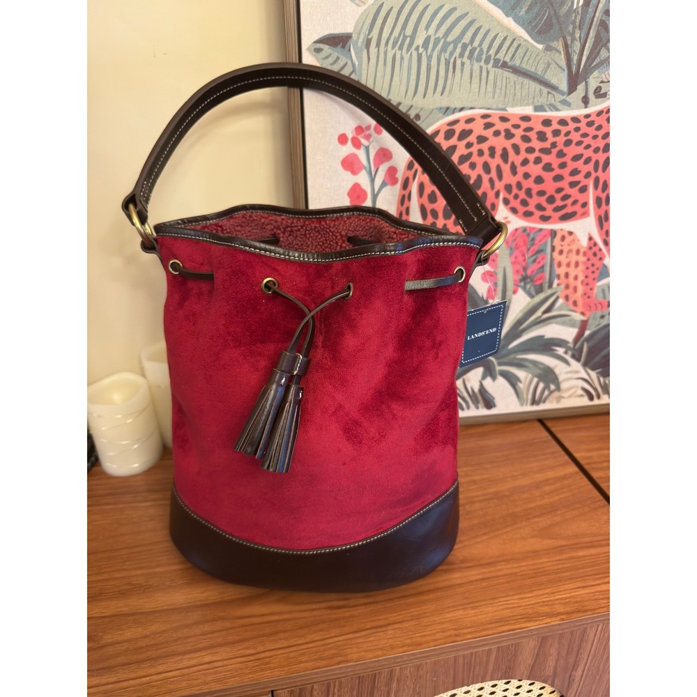 Lands End Red Suede Leather Bucket Bag Drawstring Faux Shearling Lining Tassel
